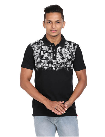 Men Polo Half Sleeve T-Shirt Black with White Print