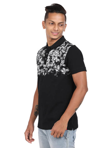 Men Polo Half Sleeve T-Shirt Black with White Print